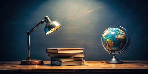 Sticker - Study table with stack of books, globe, and desk lamp on it, set against a light and dark background , Study, table