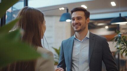 European businessman and woman discussing project modern office. Two diverse partners, colleagues, team of professional business people work together. Successful businessman talking with colleague 