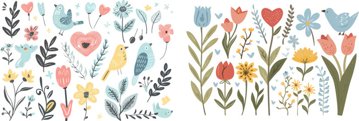 Wall Mural - A spring and summer hand drawn flower. Blossom flowers leaves branches berries tulips bird butterfly. Botanical nature elements. Modern clipart.