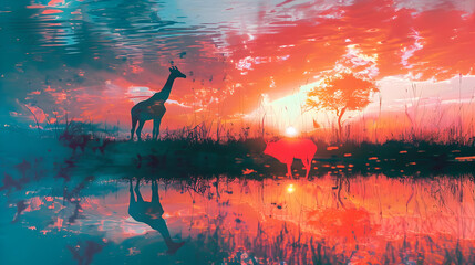 Poster - Giraffe Silhouette at Sunset Illustration