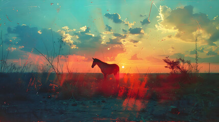 Poster - Silhouette of Horse at Sunset - Vintage Photo