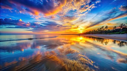 Wall Mural - Tranquil beach scene at sunset with vibrant colors reflected on calm waters, serene, tranquil, beach, sunset, scenery, water