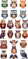 Aufkleber - Animals with feathers at night. Cartoon forest wild predator birds. Owls isolated against a flat modern background.