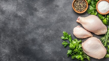 Wall Mural - Raw chicken thighs are arranged alongside herbs, garlic, tomatoes, and spices, ready for preparation on a dark kitchen surface