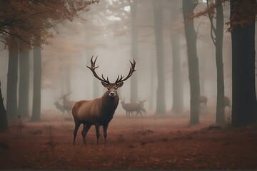 Wall Mural - deer red season stag morning autumn rutting foggy cervid sunrise sunset fall grooved sun animal forest buck mist cold light orange gold mating male artistic emotional impressive mammal standing