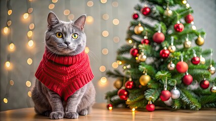 Poster - Serious gray domestic cat wearing a red sweater sitting against a Christmas tree , cat, domestic, gray, red sweater, Christmas tree