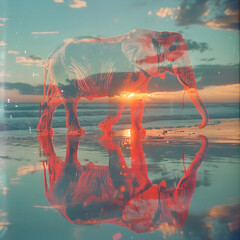 Canvas Print - Elephant Sunset Reflection Illustration