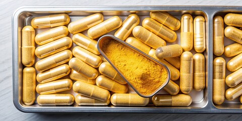 Canvas Print - Capsule filling tray with berberine powder supplement, supplement, health, capsule, pills, organic, medicine