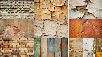 Wall Mural - Variety of textured walls with cracks, patterns, and different materials , textures, patterns, cracked paint, brick