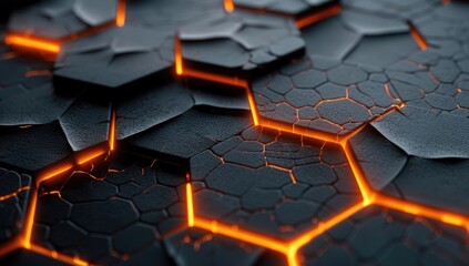 3d rendering of cracked hexagon pattern with glowing light effect on dark background, wallpaper design for technology and science concept. black and orange color theme.