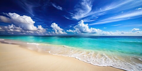 Sticker - Sunny day at the beach with clear blue water and white sand , vacation, relaxation, coastal, seashore, ocean, sunny, tropical