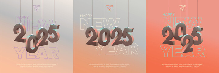 Wall Mural - Happy new year 2025 square template with 3D hanging number. Greeting concept for 2025 new year celebration. Modern and elegant design for 2025 new year