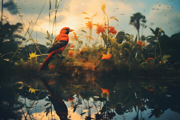 Canvas Print - Red Bird in Flowers by Water Illustration