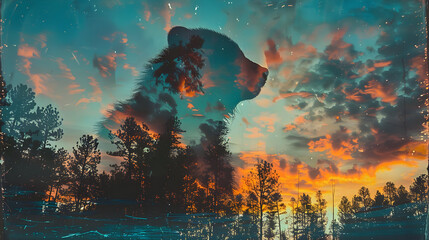 Poster - Bear Silhouette Over Sunset Sky Illustration