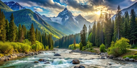 Canvas Print - Scenic mountain landscape with a flowing river and dense forest , mountains, river, trees, nature, wilderness, landscape