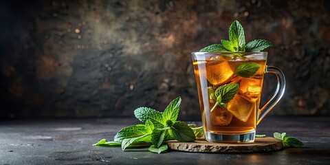 Canvas Print - Cup of ice tea with fresh mint leaves on dark background, iced tea, drink, beverage, refreshment, mint leaves, dark background