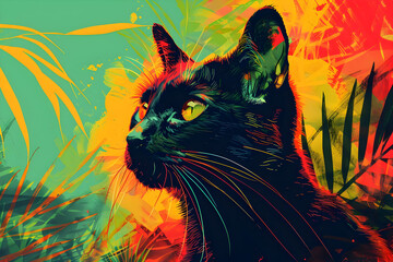 Wall Mural - Black Cat Illustration in a Colorful Abstract Background