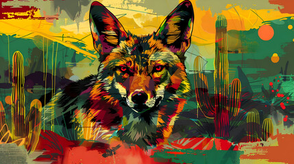 Sticker - Coyote in Desert Landscape Illustration