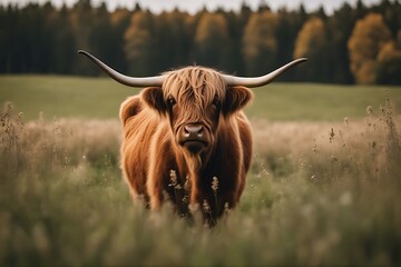 field camera cow highland scottish looking highlan cattle bull hairy horn look farming scotland animal antler beautiful beef britain brown closeup country countryside cute domestic emotion eye face