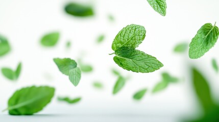 Canvas Print - Falling Mint Leaves on White Background