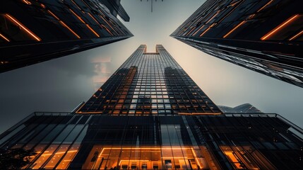 A stunning view of a modern skyscraper from below, showcasing its impressive design and vibrant lighting against the cloudy sky.