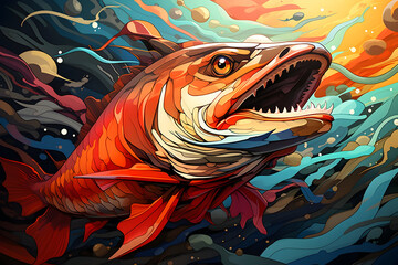 Sticker - Fierce Fish Illustration with Abstract Background