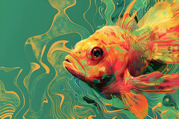 Sticker - Abstract Illustration of a Fish with a Green and Yellow Background