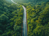 Serene Aerial View of a Car Driving Along a Winding Road in Lush Green Forest