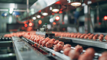 Wall Mural - Rows of minced meat travel through a mechanized food processing line, under bright lights, emphasizing efficiency and hygiene in an industrial setting.