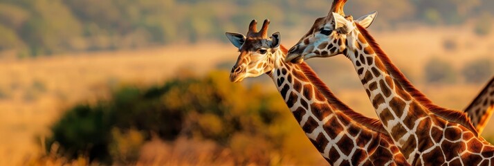 two giraffes stand close together in a field of tall grass.