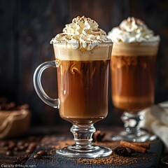 Poster - Cozy Irish Coffee with Whipped Cream in a Glass Mug on a Wooden Table