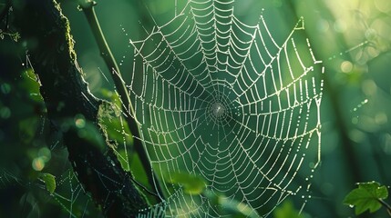 Macro photography in a forest, highlighting the intricate patterns of a spider web covered in morning dew 