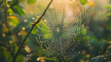 Macro photography in a forest, highlighting the intricate patterns of a spider web covered in morning dew 