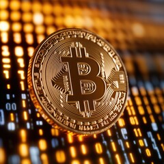 A close-up view of a golden coin with the symbol of a digital currency, surrounded by bright binary code and abstract technology-themed graphics, representing the concept of cryptocurrency and
