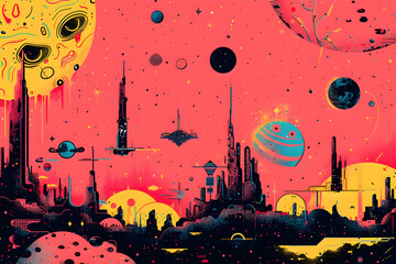 Poster - Futuristic Cityscape with Planets and Stars Illustration