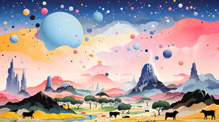 Canvas Print - Surreal Landscape with Bulls and Colorful Spheres Illustration