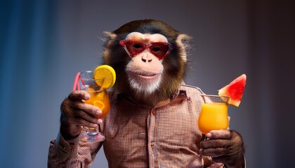 person with painted face and glasses, portrait of a person with a lollipop, person drinking orange juice, Fashionable anthropomorphic hyperrealistic male monkey