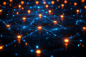 Abstract digital network with glowing nodes and connections, representing data, technology, and connectivity in a futuristic style.
