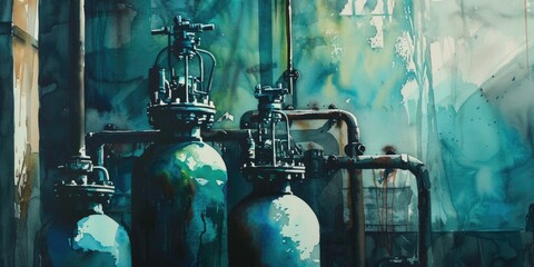 Wall Mural - Light watercolor painting on textured paper with industrial gas bottles filled with refrigerant in cool shades of blue and green