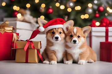 Wall Mural - sitting box background hats puppy welsh red gift white corgi kitten pembroke christmas isolated dog cat animal pet baby breed cap care celebrate celebration claus december domestic family funny group