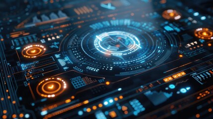 Futuristic interface with glowing elements and data visualizations, perfect for tech and digital design applications.