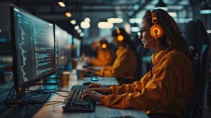 Female programmer working on computer code in modern tech office