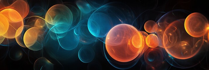 Poster - Abstract background with blue and orange spheres floating in a black void, symbolizing connection, energy, abstract art, technology, and imagination.