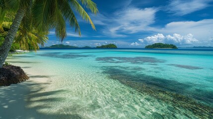 Poster - A tranquil tropical beach features sparkling turquoise waters, clear sand, and swaying palm trees, inviting relaxation and exploration in paradise under a bright blue sky