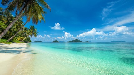 Wall Mural - Crystal clear turquoise water laps against a sandy beach, surrounded by tall palm trees and distant tropical islands under a vibrant blue sky