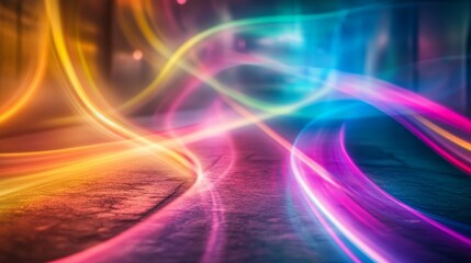 Poster - A mesmerizing abstract image featuring vibrant light trails in red, blue, yellow, and pink, symbolizing energy, movement, creativity, and technology.