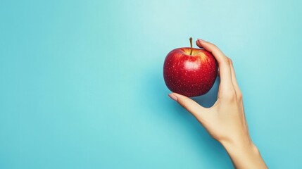 Wall Mural - A Hand Holding a Red Apple Against a Blue Background