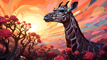 Sticker - Giraffe in a Colorful Sunset Illustration