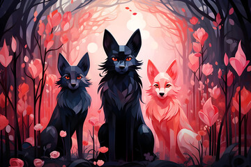 Poster - Three Foxes in a Pink Forest Illustration