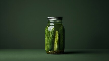 Jar of pickles on green background